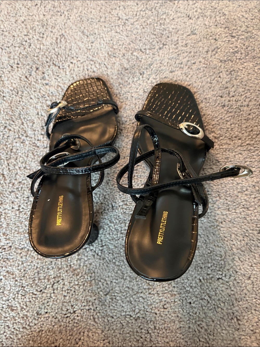 PrettyLittleThing Black Croc-Effect Strappy Square-Toe Sandals